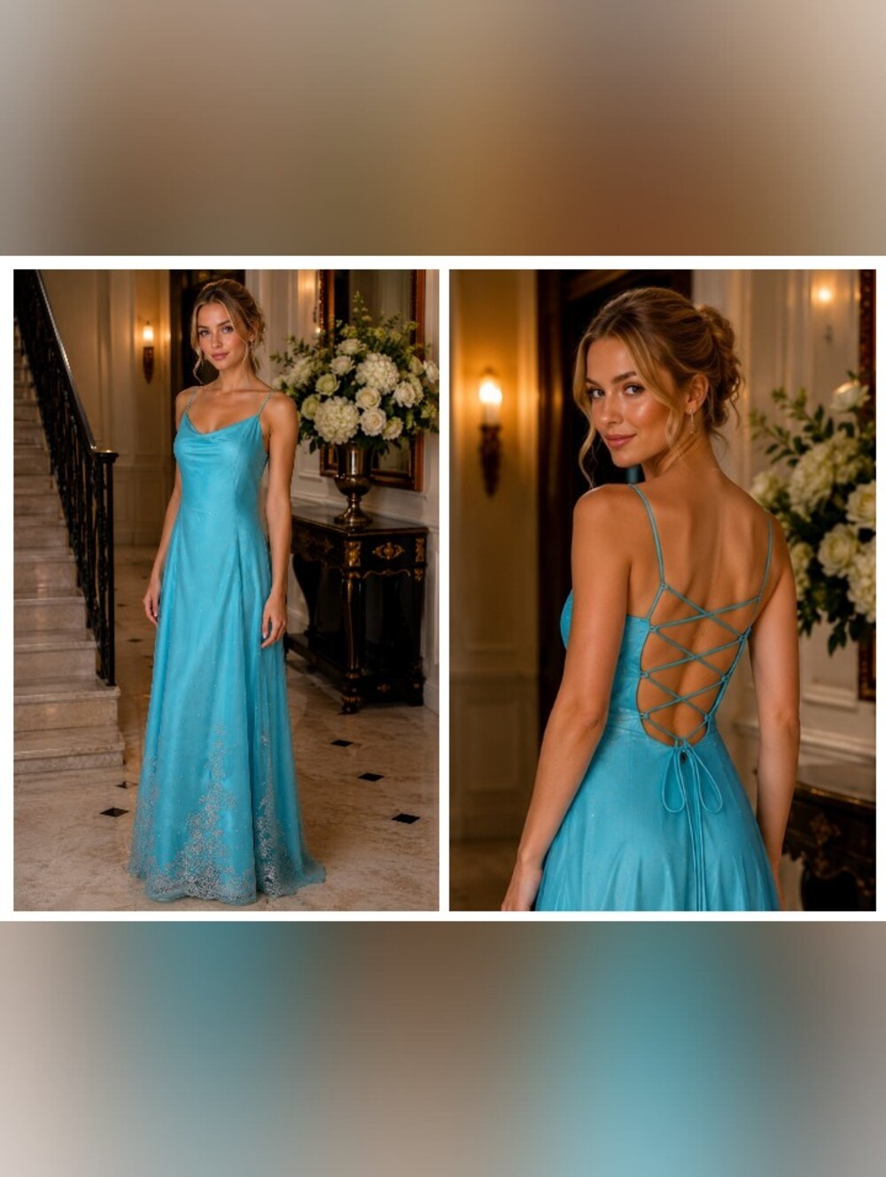Morgan & Co 11/12 Teal Beaded Sequin Gown Open/Tie Back Mermaid Prom Dress